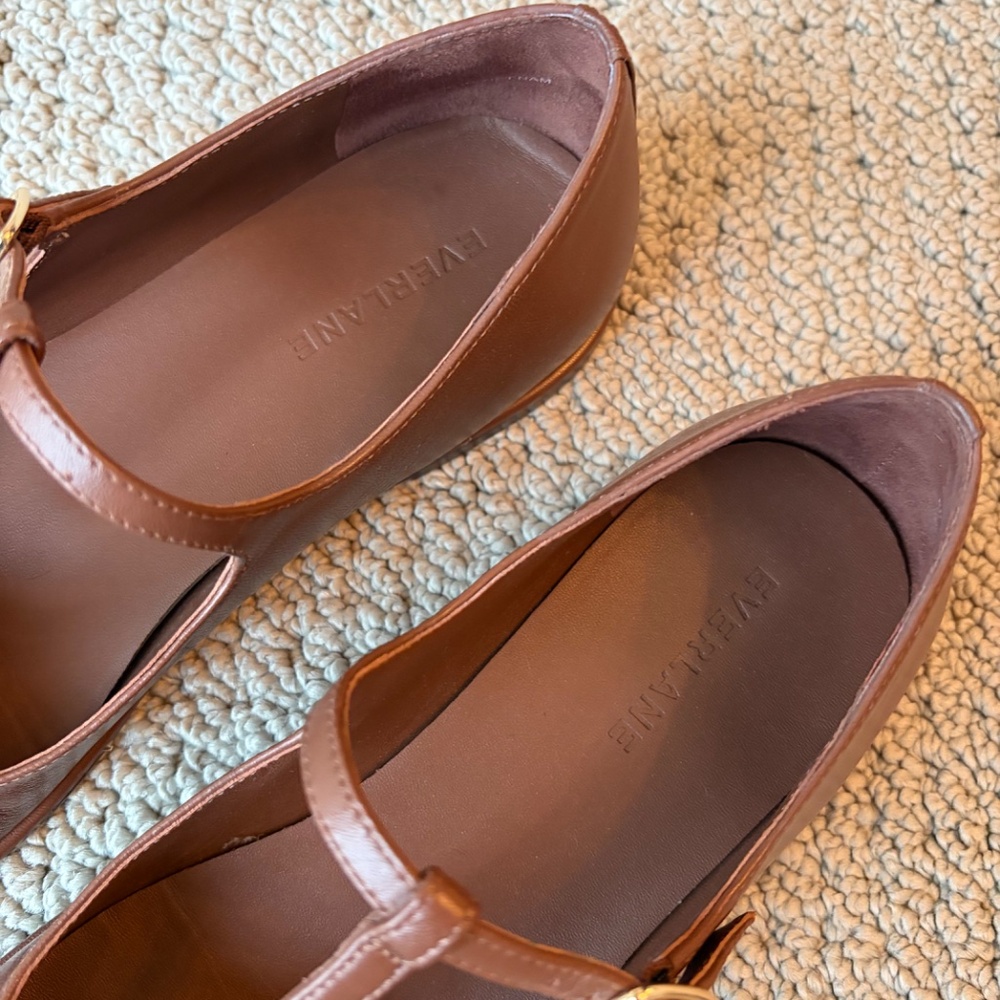 Everlane The Leather T-Strap Flat Rum Brown Leather 8 - Picture 8 of 11